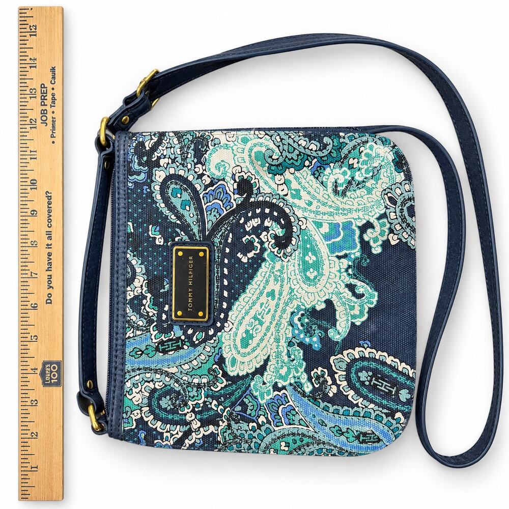 Tommy Hilfiger Paisley Crossbody Bag Navy Teal Fabric Gold Tone Adjustable